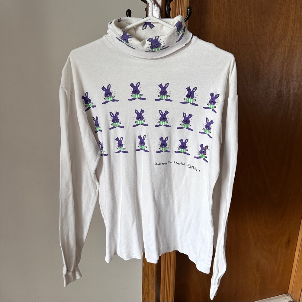 White Turtleneck with Purple Bunny Print